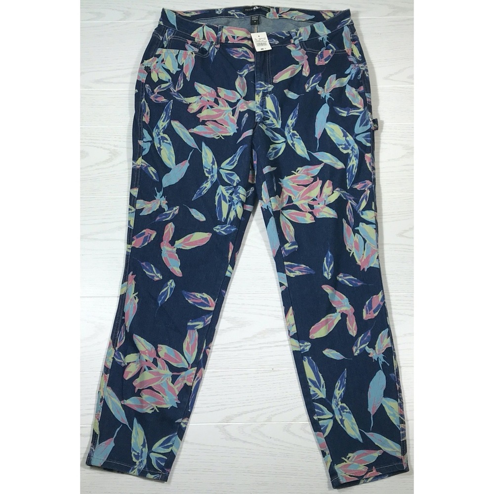 New Ashley Stewart Floral Jeans Women 18 Denim Cotton Blend Tapered High Rise
